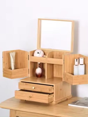 Hot Selling Bamboo Cosmetic Storage Stand Jewelry Makeup Box with Mirror