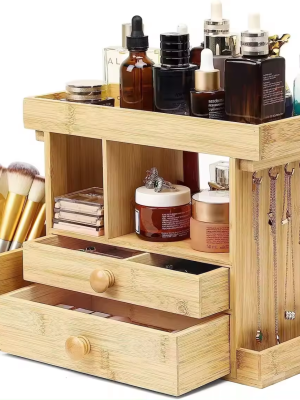 Bamboo Makeup Organizer Storage Box Desktop of the Jewelry Box with Drawer and Hanging Hook