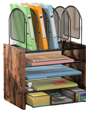 Wooden Desk File Document Organizer with Pen Holder