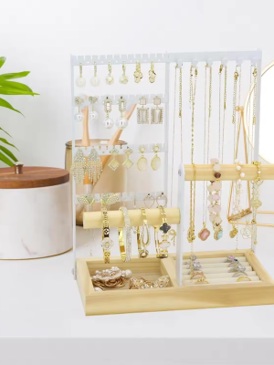 Jewelry Holder Organizer Jewelry Stand, 4-Tier Necklace Stand Earring Holder with Wooden Tray,Gifts for Women