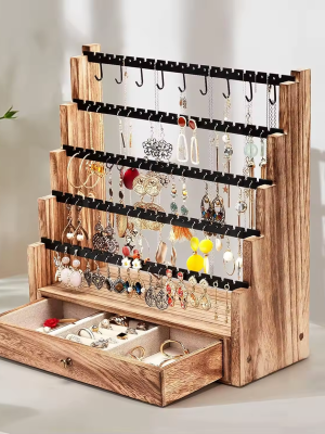 Jewelry Organizer Stand, 5 Layer Earring Holder Organizer with Necklace Holder, Rustic Wood Earring Organizer Display