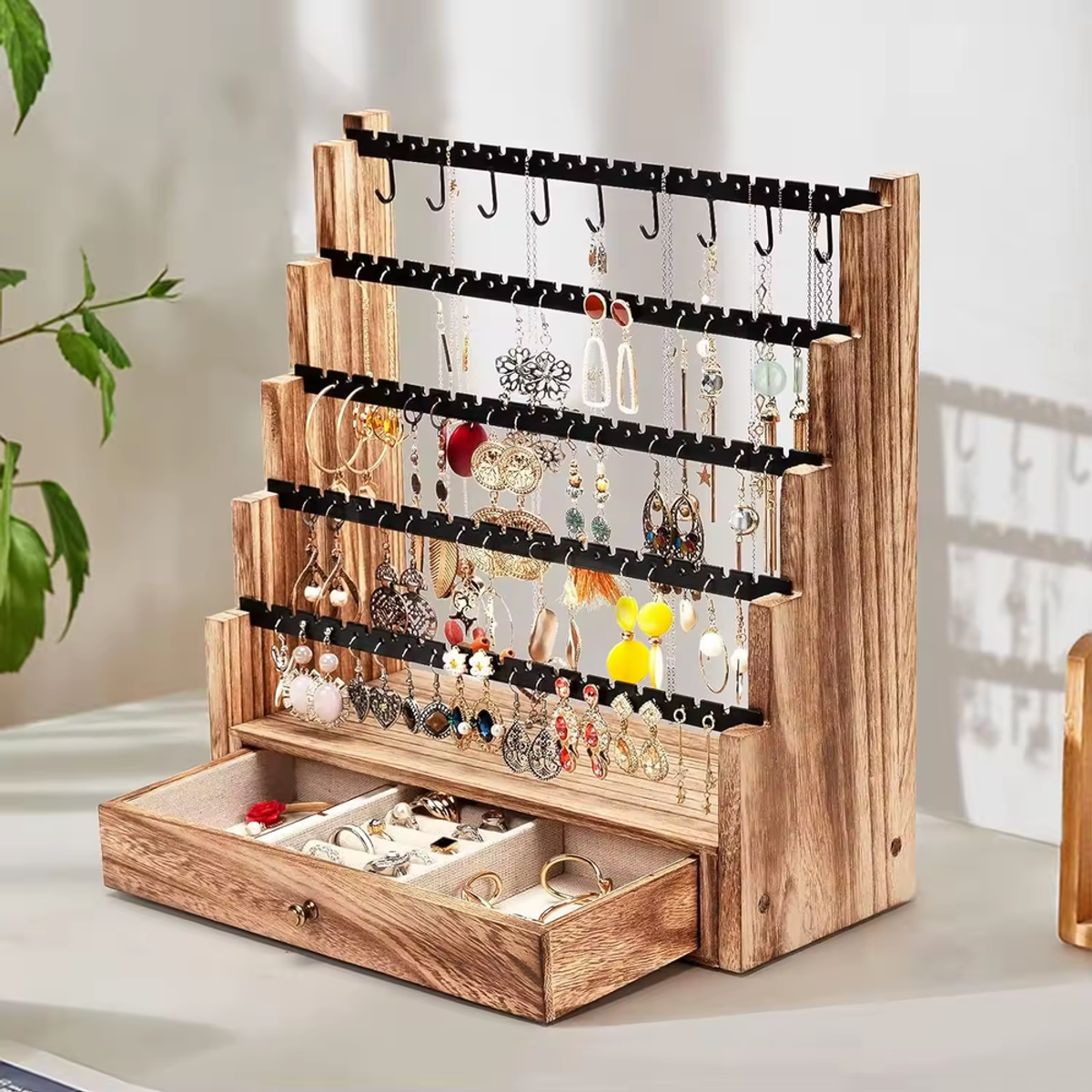 Jewelry Organizer Stand, 5 Layer Earring Holder Organizer with Necklace Holder, Rustic Wood Earring Organizer Display