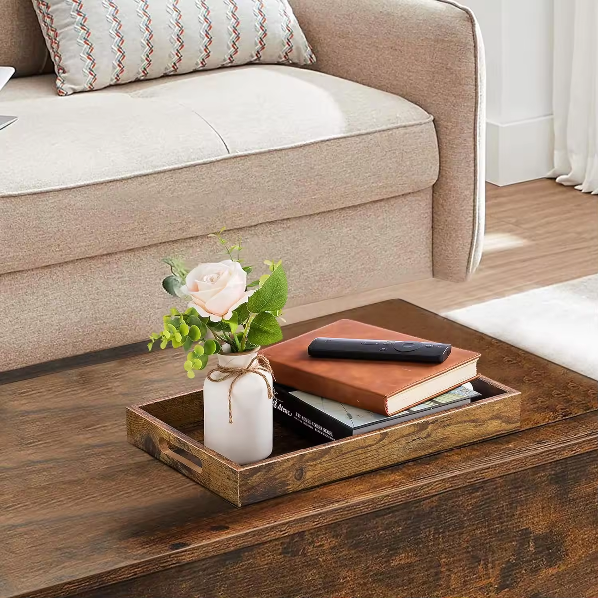Brown Rectangle Tray Decor with Cutout Handles for Coffee Table Ottoman Living Room Kitchen Home - Image 6