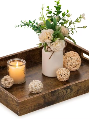 Brown Rectangle Tray Decor with Cutout Handles for Coffee Table Ottoman Living Room Kitchen Home