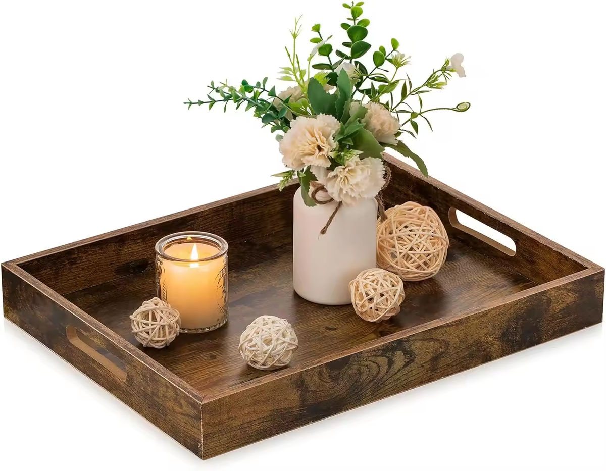 Brown Rectangle Tray Decor with Cutout Handles for Coffee Table Ottoman Living Room Kitchen Home
