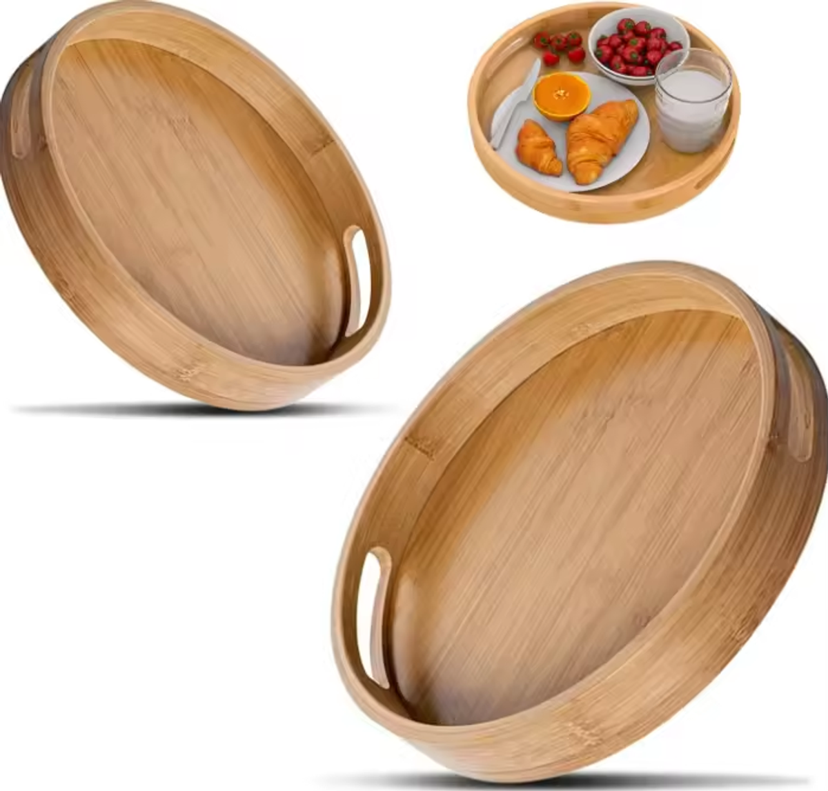 Round Serving Wooden Tray with Handrail for Serving Food & Drinks for Breakfast in Bed Reading or Working - Image 4