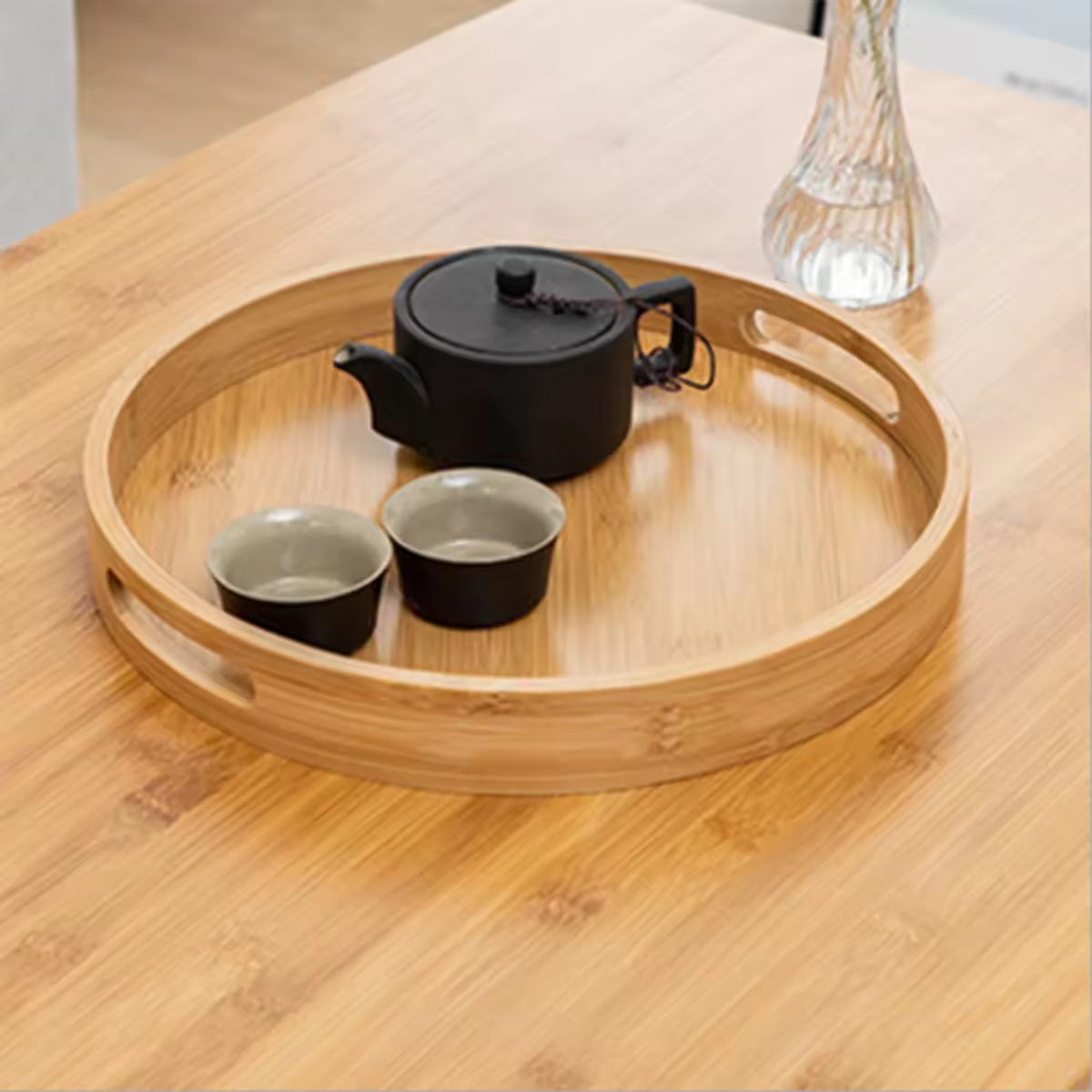 Round Serving Wooden Tray with Handrail for Serving Food & Drinks for Breakfast in Bed Reading or Working - Image 2