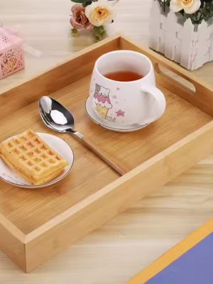 Eco-Friendly Durable Natural Rectangular Bamboo Serving Tray with Handles Custom Wooden Breakfast Tray for Home Hotel Kitchen