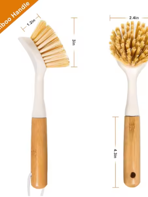 Kitchen White Dish Brush with Bamboo Handle Dish Scrubber Built-in Scraper Scrub Brush For Pans Pots Counter & Kitchen Sink