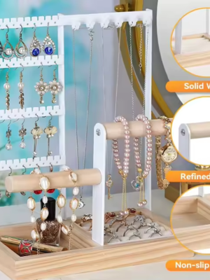 Jewelry Storage Rack Withn4-Tier Earring Organizer Wooden Tray Ring Holder 6 Hooks For Necklace Hanging