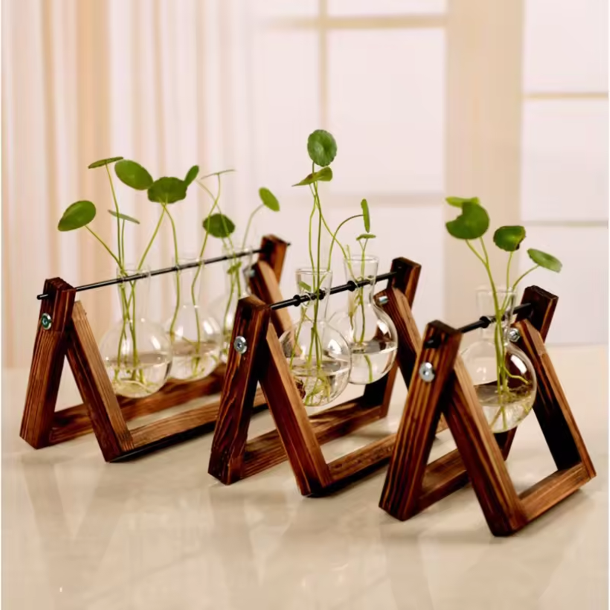 Ewer Crystal Glass Test Tube Vase Planter Desktop Glass Planter Flower Pots Wooden Stand - Image 3