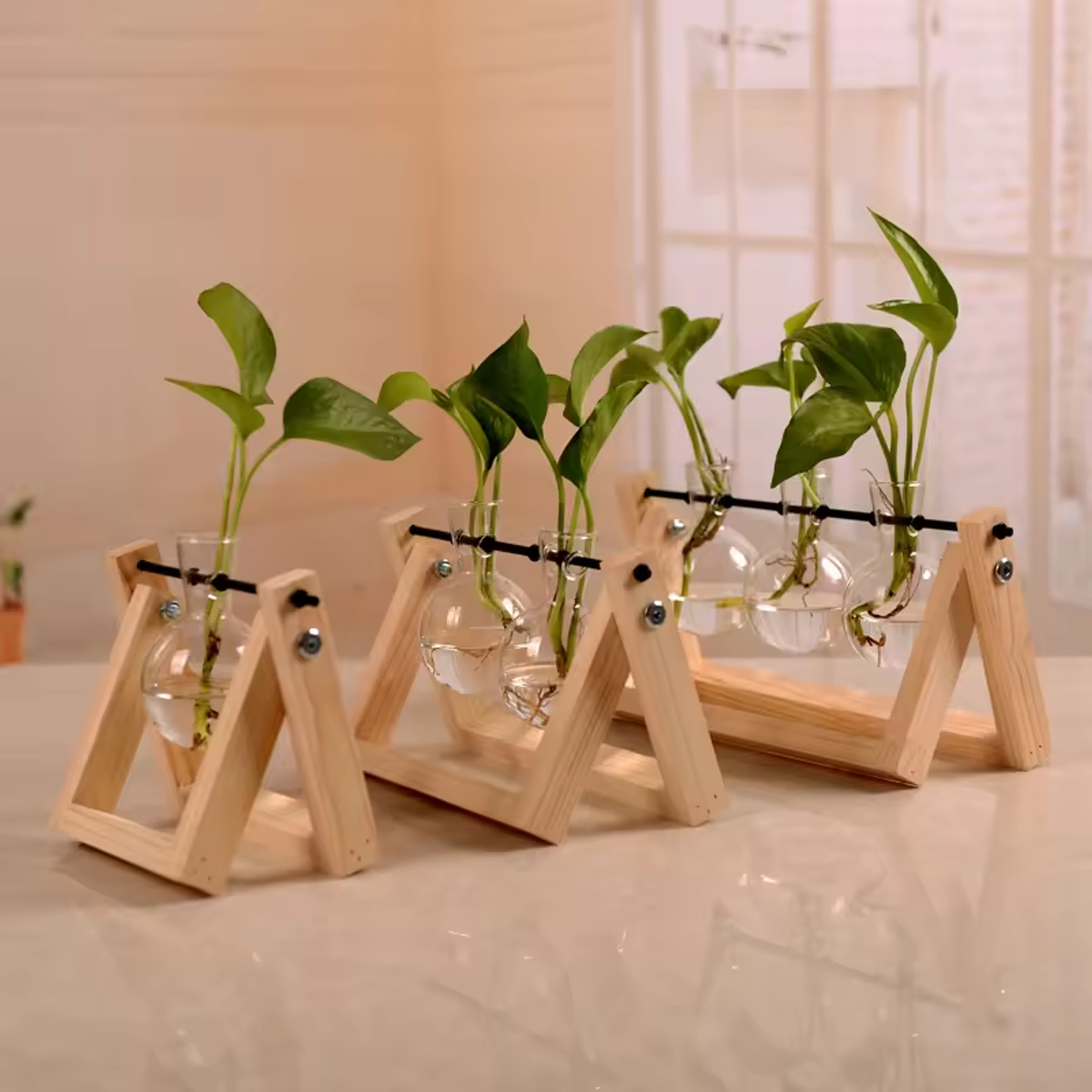 Ewer Crystal Glass Test Tube Vase Planter Desktop Glass Planter Flower Pots Wooden Stand - Image 4