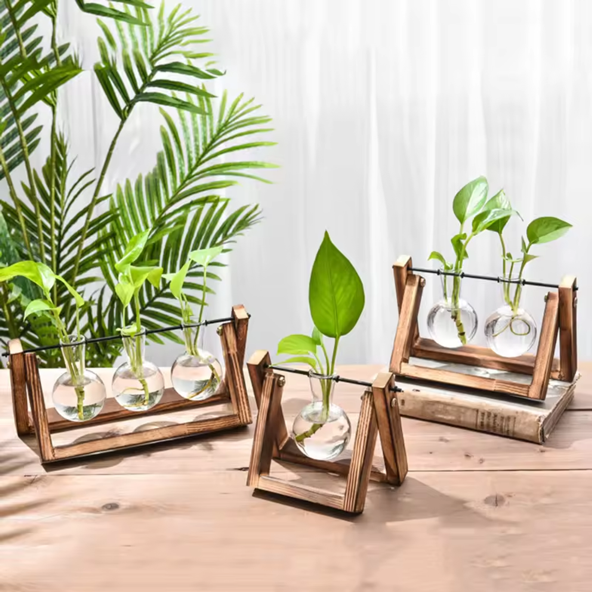 Ewer Crystal Glass Test Tube Vase Planter Desktop Glass Planter Flower Pots Wooden Stand - Image 2