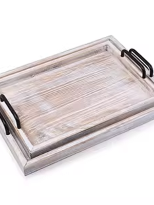 Wooden Serving Tray with Metal Handle In Food Drinks Tray for Breakfast Dinner Decorative Storage Tray for Kitchen