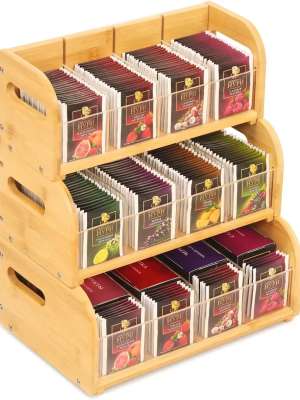 Three-tier modular bamboo tea bag organizer with acrylic panels