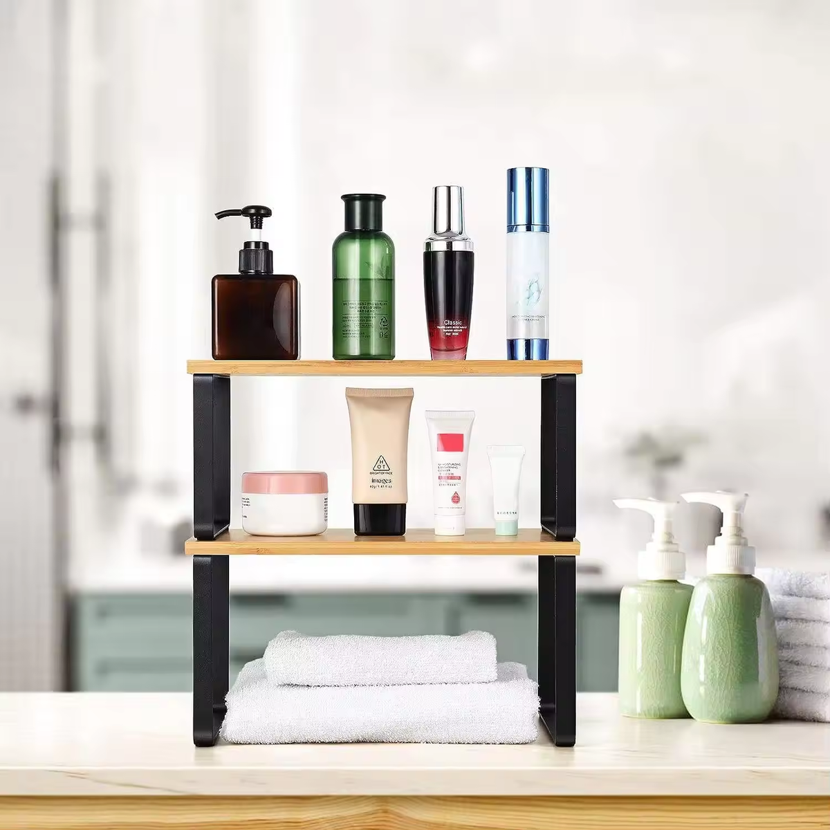Custom Wooden 2 tiers Desktop Storage Rack Cosmetic Shelf Display Standing Rack for Office Bedroom Bathroom Counter Kitchen - Image 5