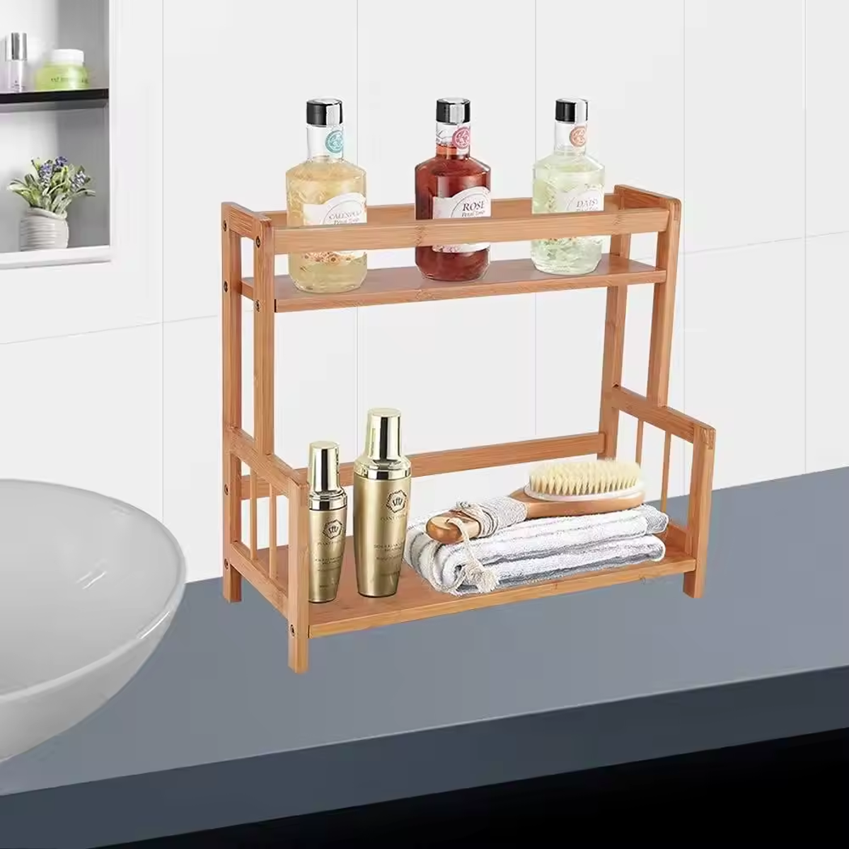 Wooden Desktop Storage Rack Double-Layer Desktop Storage Shelf Folding - Image 2