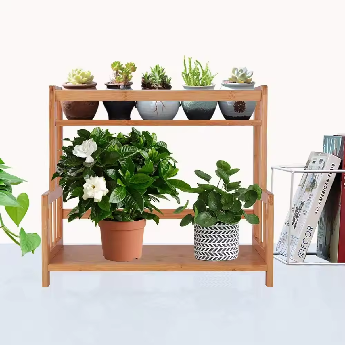 Wooden Desktop Storage Rack Double-Layer Desktop Storage Shelf Folding - Image 3