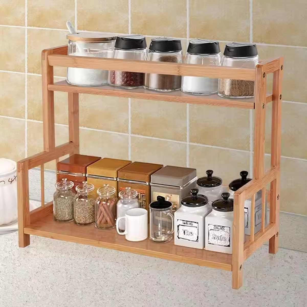Wooden Desktop Storage Rack Double-Layer Desktop Storage Shelf Folding - Image 4