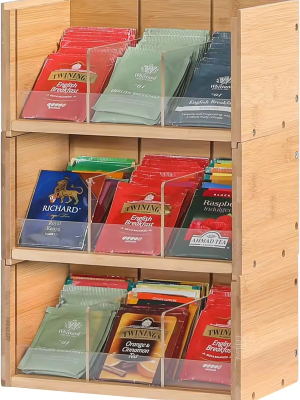Wall-mountable three-tier bamboo tea bag organizer