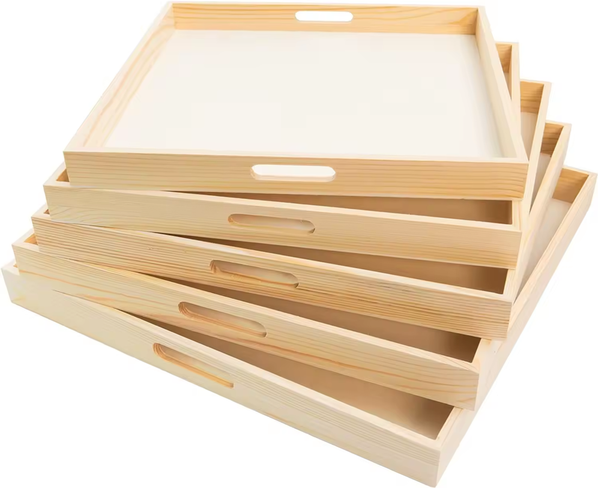 Wooden Nested Serving Trays - Set of 5 Unfinished Trays with Cut-Out Handles for Crafts - Image 4