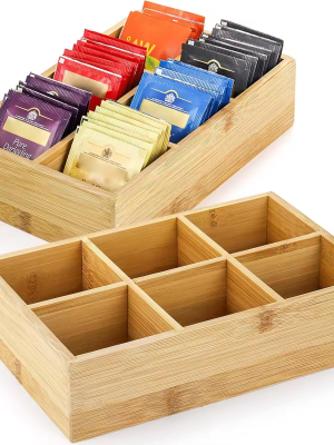 Six-compartment bamboo tea bag organizer tray