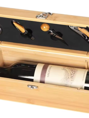 Blank Wooden Wine Box (1) Wine Box with 4 Accessories Set Fathers Day Wine Gifts for Men Dad Gifts Bamboo Wine Case with Tools Set