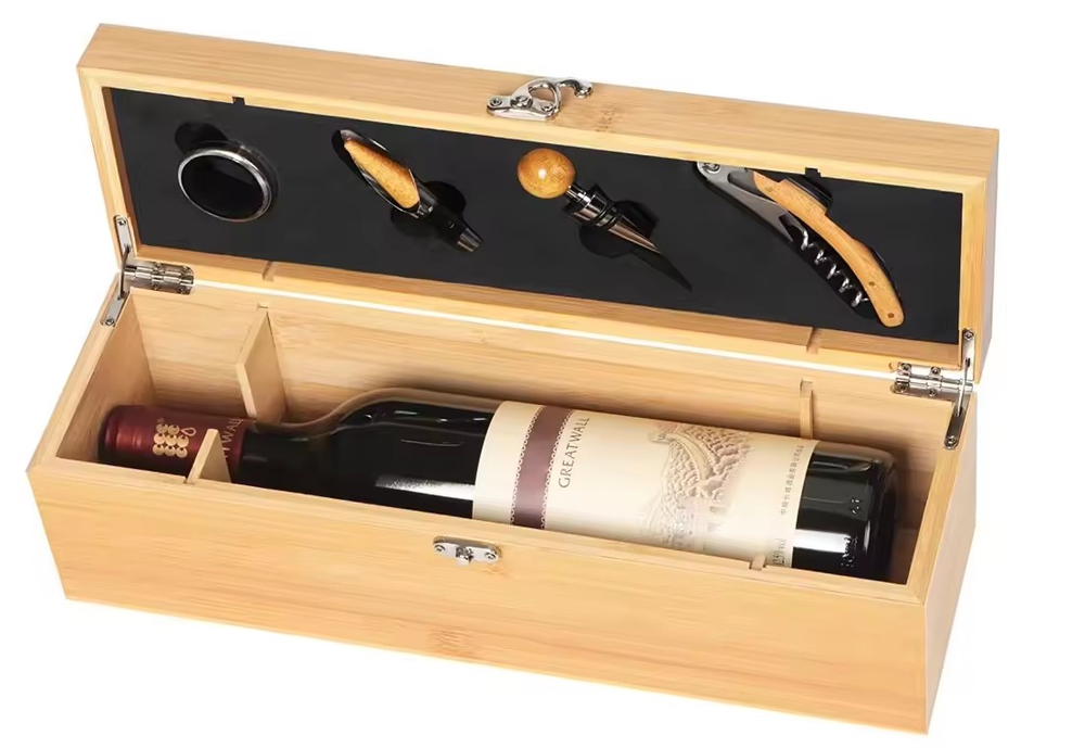 Wine Box with 4 Accessories Set Fathers Day Wine Gifts for Men Dad Gifts Bamboo Wine Case with Tools Set